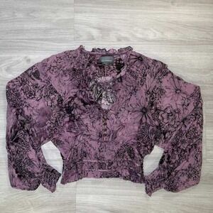 Anthropologie Purple Floral Ruffle Neck Smocked Peplum Blouse Long Sleeve XS